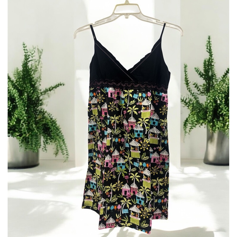 HUE Sleeveless Summer Dress Tiki Luau Hawaiian Nightshirt Print Size Large EUC